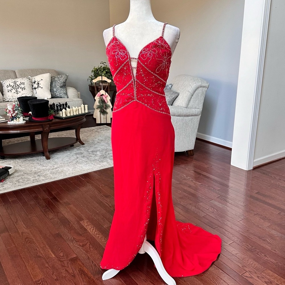Mori Lee Red Silver Beaded Embellished Sexy Gown Dress